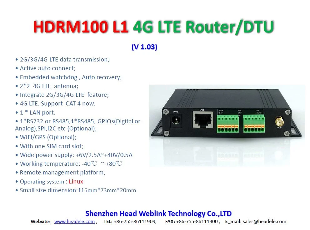 Hdrm100 L1 Industrial 4G Router Modem with WiFi, GPS, RS232 or RS485, Modbus Protocol